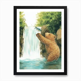 Sloth Bear Catching Fish In A Waterfall Storybook Illustration 2 Art Print