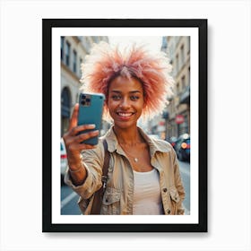 Young Woman Taking Selfie pink hair Art Print