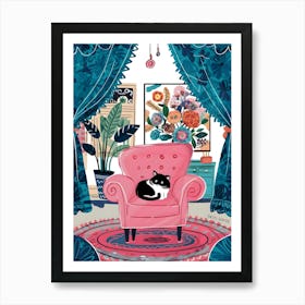 Cat In Pink Chair Art Print