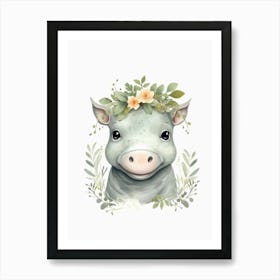 Watercolour Jungle Animal Baby Hippopotamus 3 Art Print