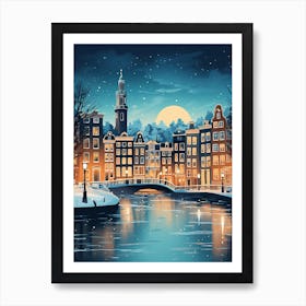 Winter Travel Night Illustration Amsterdam Netherlands 4 Art Print