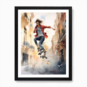 Girl Skateboarding In Lyon, France Watercolour 1 Art Print