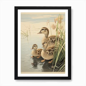 Japanese Woodblock Style Duckling Family 6 Art Print