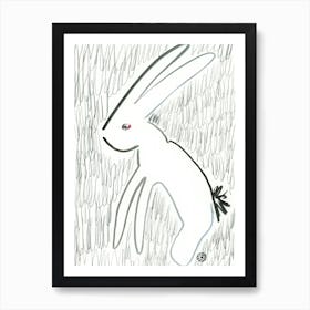 Rabbit On Grass - ink graphite pencil monochrome black and white animal hare Art Print