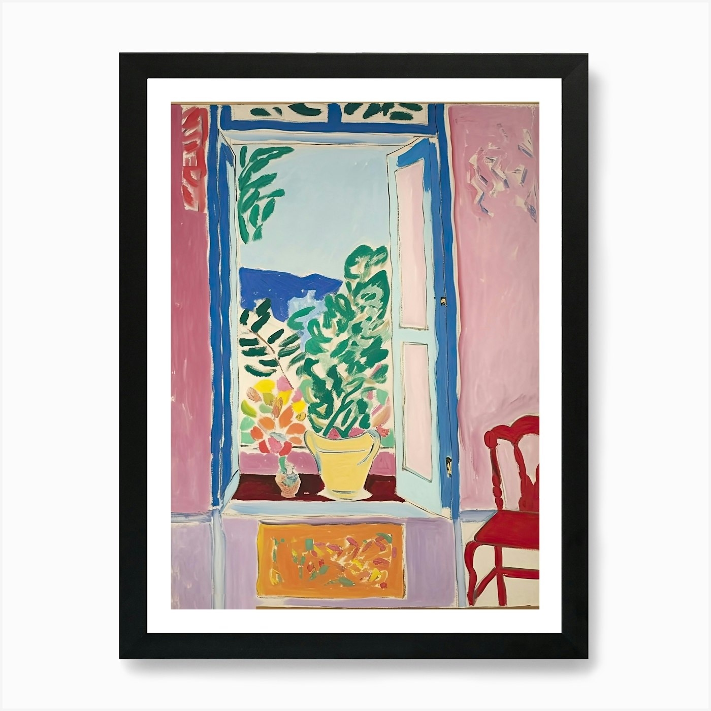 Offenes Fenster roter Stuhl Kunstdruck gerahmt Wandbild Poster Leinwanddruck Bild - Bild 2 von 4