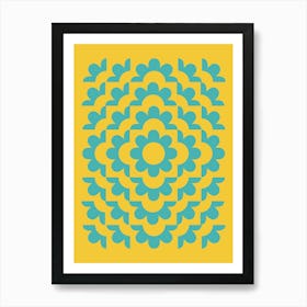 Midcentury Modern Abstract Geometric Flower Pattern Floral in blue teal mustard Art Print