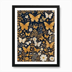 Gold and White Butterflies on Navy Background Art Print