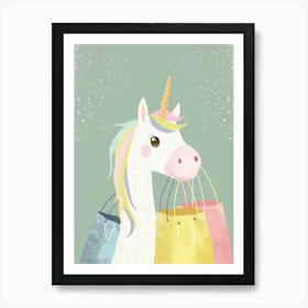 Pastel Storybook Style Unicorn With Shopping Bags 1 Art Print