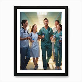 Elated Medical Team Donning Crisp Uniforms Stand Together Holding Stethoscopes Pediatrician Clutchi Art Print