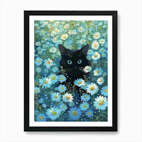 Black Cat In Daisies 1 Art Print