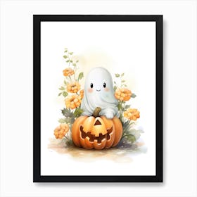 Cute Ghost With Pumpkins Halloween Watercolour 151 Art Print
