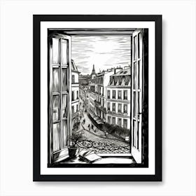 A Window View Of Paris In The Style Of Black And White  Line Art 1 Art Print