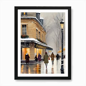 Paris cafes, winter season, Christmas, autumn oil colors, pale colors, pedestrians in the street, winter clothes, falling snow.Christmas decorations.12 2 Poster