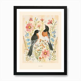 Folksy Floral Animal Drawing Magpie Poster Art Print