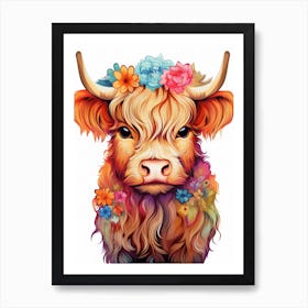 Floral Digital Illustration Of Baby Highland Cow Art Print