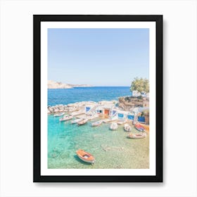 Milos, Greece I Colorful fishing village Mandrakia photography with paradise turquoise water beach in Cyclades with typical white and blue architecture and a magnificent view of the Mediterranean sea ocean Art Print