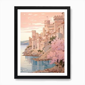 Korcula Croatia 1 Vintage Pink Travel Illustration Art Print