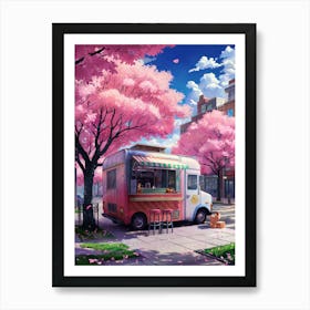 Lofi Anime Art: A cozy food truck under vibrant cherry blossoms on a sunny spring street. Perfect for cheerful, nostalgic vibes. Art Print