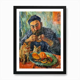 Portrait Of A Man With Cats Having Dinner 3 Art Print