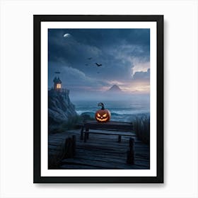 Halloween Themed Coastal Landscape During Dusk Featuring A Jack O Lantern With A Glowing Eye Perched (2) Poster