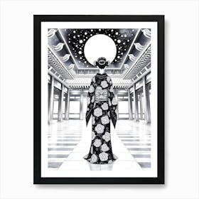 Geisha In Kimono At Night - Drawing Póster