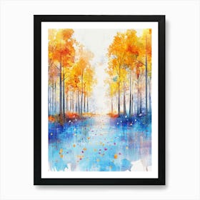 Watercolor Painting Of Autumn Landscape, Trees In Forest With Colorful Leaves In Fall Season Art Print