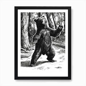 Malayan Sun Bear Dancing In The Woods Ink Illustration 4 Art Print