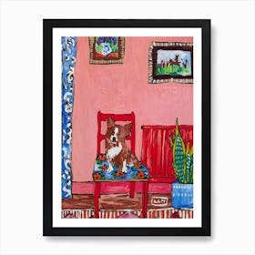 Corgi Dog In Red Chair In Pink Interior Painting Art Print