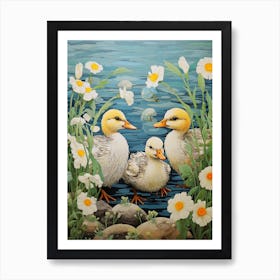 Duck & Duckling In The Flowers Japanese Woodblock Style 4 Poster