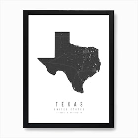 Texas Mono Black And White Modern Minimal Street Map Art Print