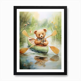 Canoeing Teddy Bear Painting Watercolour 1 Art Print