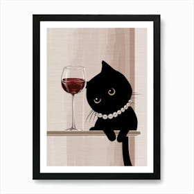 Black Cat With Wine Glass Affiche