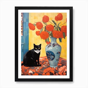 Pansy Flower Vase And A Cat, A Painting In The Style Of Matisse 0 Art Print