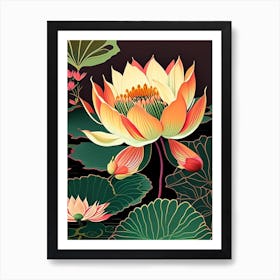 Lotus Flower In Garden Retro Illustration 4 Art Print