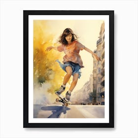 Girl Skateboarding In Lyon, France Watercolour 4 Art Print