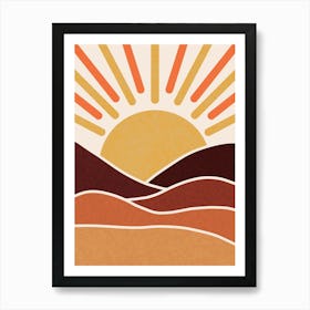 WA240026 - Boho Retro Sunset Landscape - Vibrant Geometric Sun and Hills Art Print