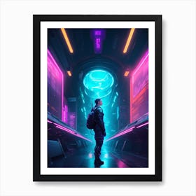 Subway Station Illuminated With Neon Lights Art Print