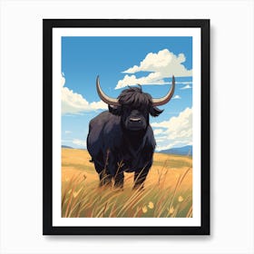 Black Bull In Windy Highland Field Art Print