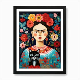 Frida Kahlo Portrait With Black Cat Mexican Painting Botanical Floral Art Print