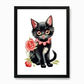 Vintage Black Cat Flowers Kitsch Art Print