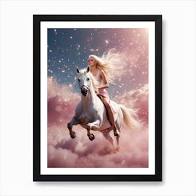 Beautiful Girl Riding A Horse In The Clouds Art Print