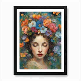 Woman With Flowers On Her Head Poster