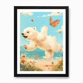 Polar Bear Cub Chasing After A Butterfly Storybook Illustration 2 Póster