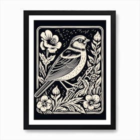 B&W Bird Linocut Sparrow 2 Art Print