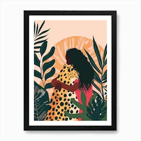 Woman Hugging A Leopard Art Print