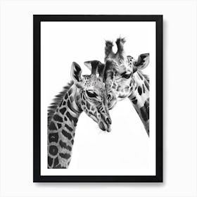 Pencil Portrait Of Giraffe Mother & Calf 1 Art Print