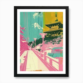 Japanese Mountain Scene Silkscreen Duotone Art Print