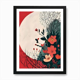Red Flowers In Front Of The Moon Art Print
