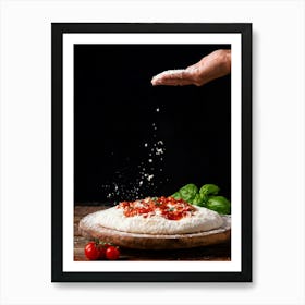 A Hand Stretching A Glistening Ball Of Pizza Dough Mid Action Flour Dusting In The Air From A Woode (1) Art Print