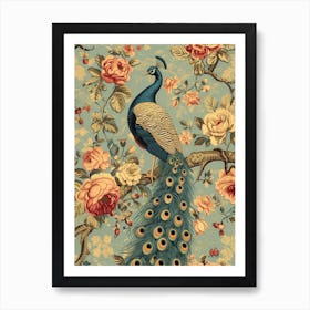 Sepia Vintage Blue Peacock Wallpaper Style Art Print